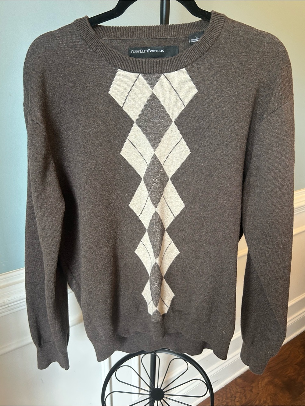 Perry Ellis Brown Crewneck Sweater with Cream Argyle Panel